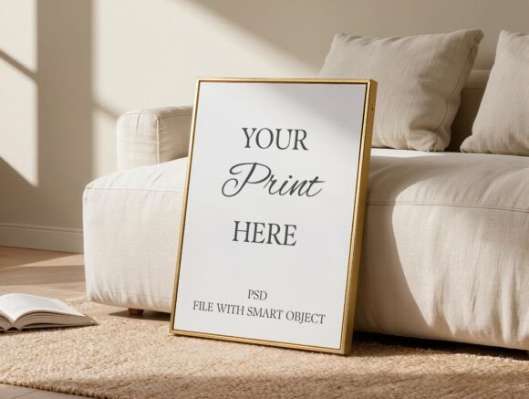 Download Gold Frame Mockup Leaning on Sofa - Frame mockup Collection