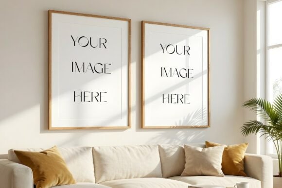 Download Duo Portrait Oak Frame Mockup over Cream - Frame mockup Collection